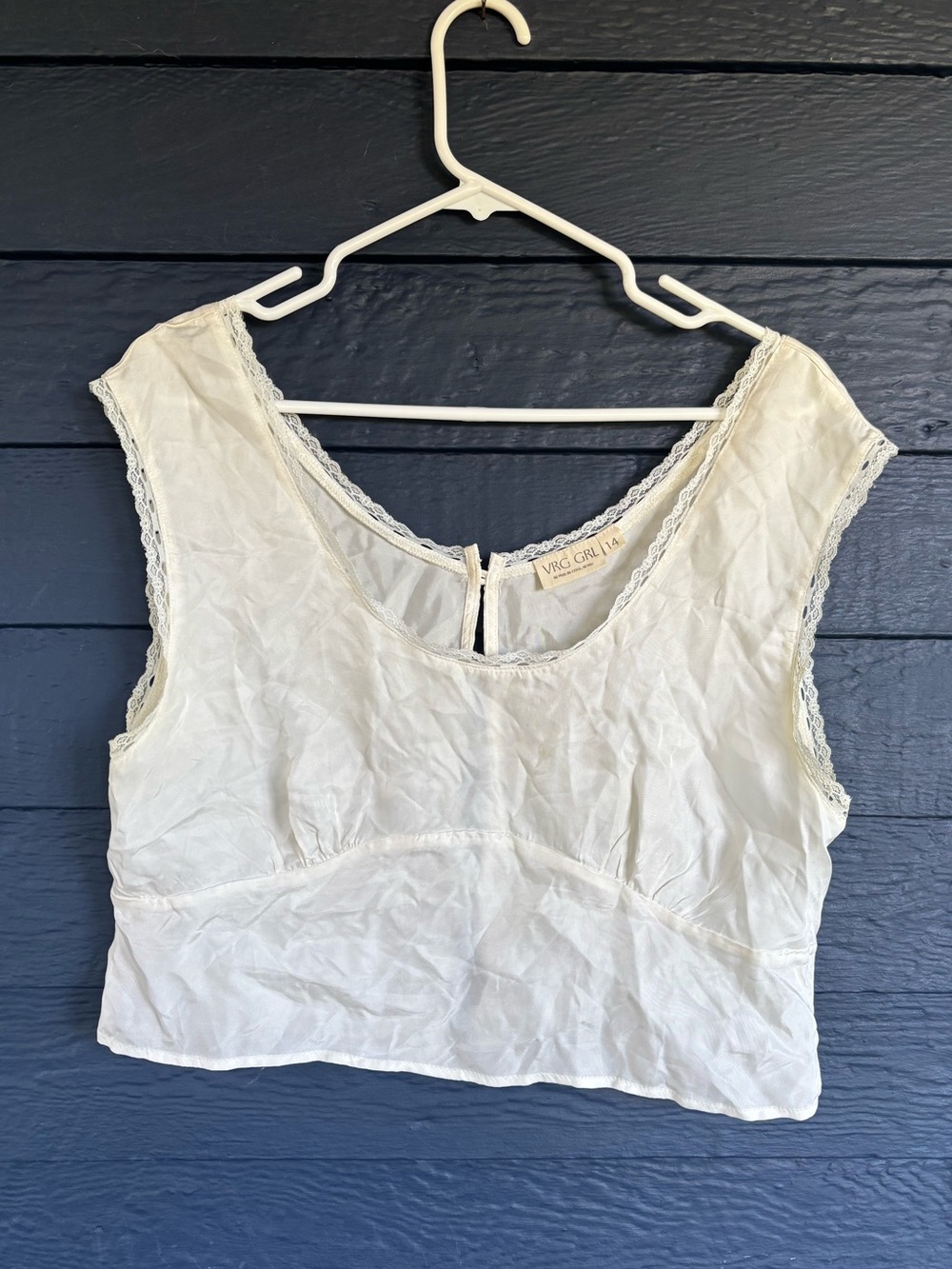 Vrg Girl white silky lace cropped blouse with button back